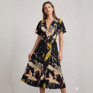 BEL KAZAN Dress Size L Large Black Crane Bird Floral Print Midi Faux Wrap V-Neck